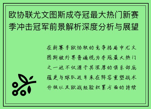 欧协联尤文图斯成夺冠最大热门新赛季冲击冠军前景解析深度分析与展望 欧协联尤文图斯成夺冠最大热门新赛季冲击冠军前景解析深度分析与展望
